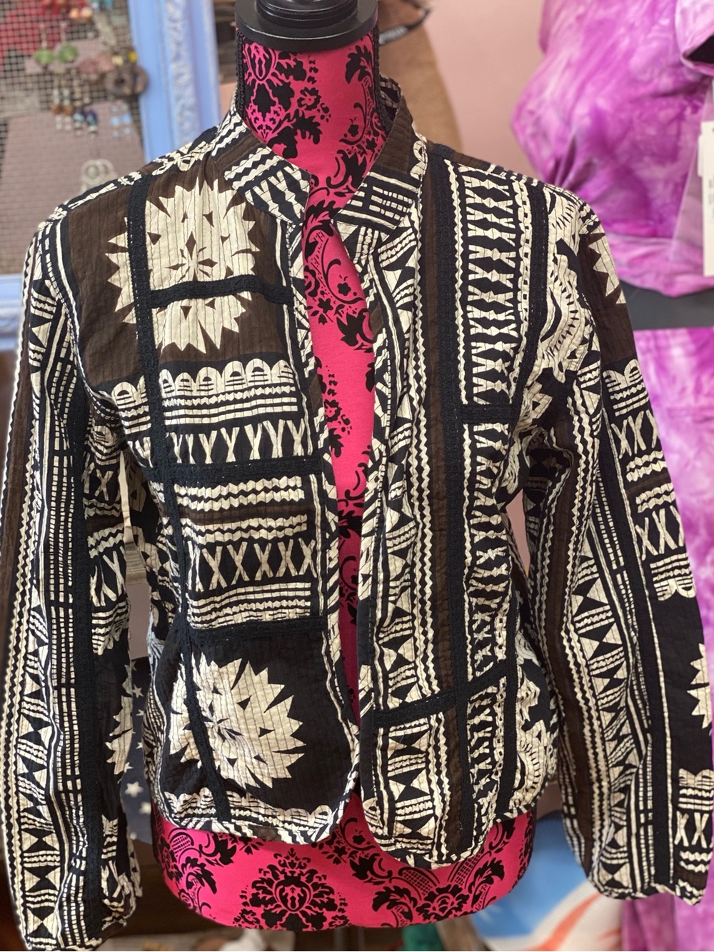 Chico's Black, Cream & Brown Geometric Cotton Jacket